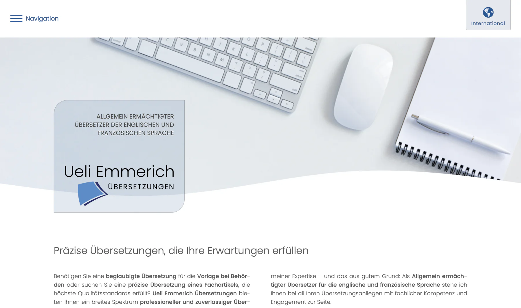 Bildschirmansicht der Website Ueli Emmerich Übersetzungen