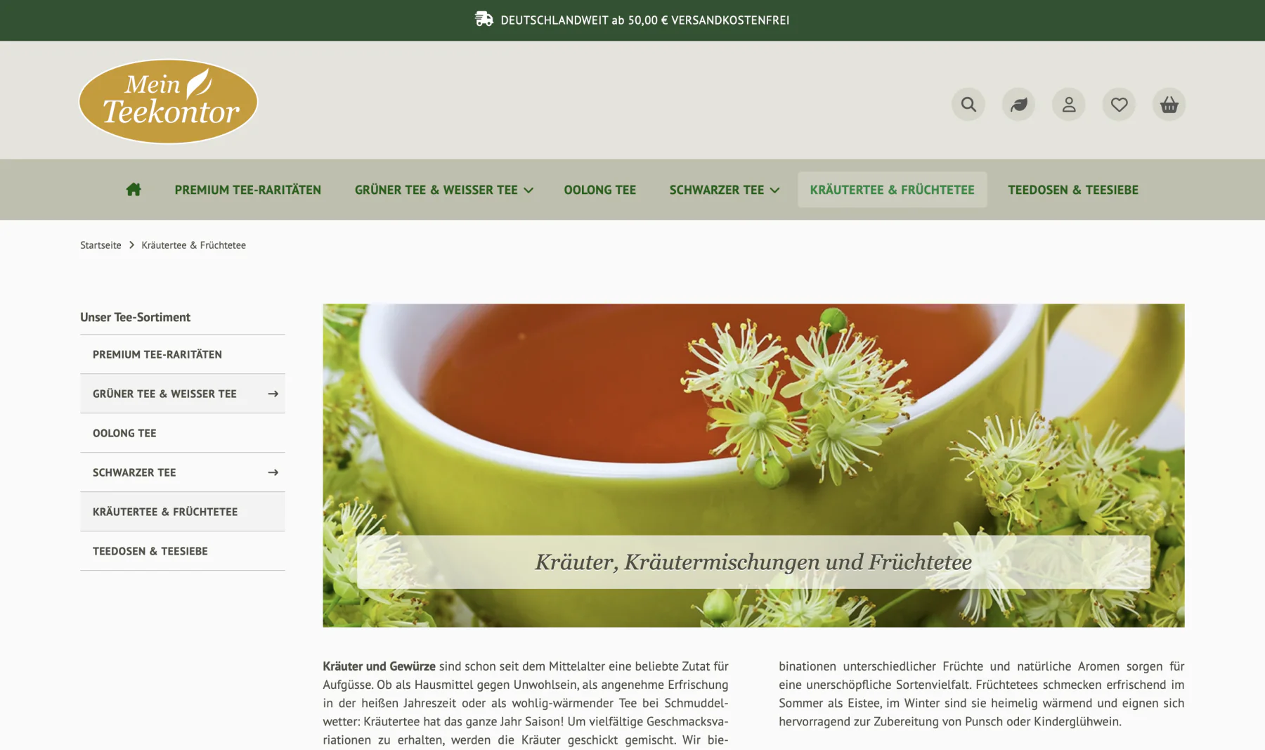 Bildschirmansicht des Onlineshops Mein Teekontor